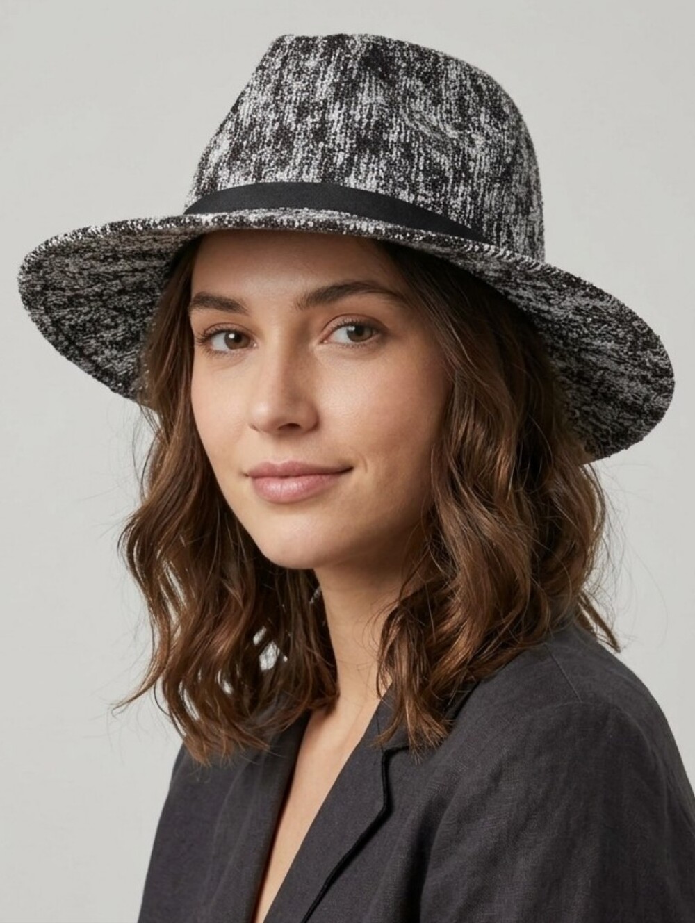 Vince Camuto Black and White Textured Fedora with Black Band